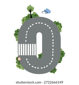 Educational Number 0 Graphic with Road and Stop Sign