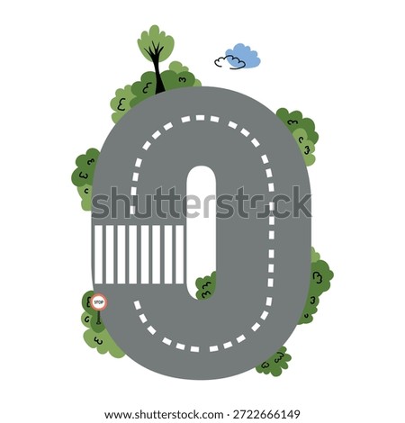 Educational Number 0 Graphic with Road and Stop Sign