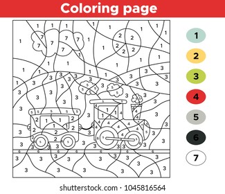 Educational number coloring page for preschool children. Funny cartoon train. Vector illustration