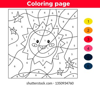 Educational number coloring page. Vector kawaii cartoon sun. Space theme.