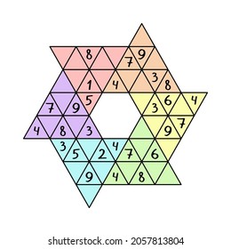 Educational number puzzle - colorful star sudoku for children vector illustration. Complete with 1-9 numbers each big triangle and horizontal and diagonal line 