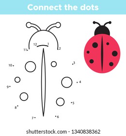 Educational numbers game for children, connect the dots. Vector cartoon ladybug. Coloring page.
