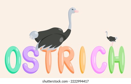 An educational ostrich cartoon character with the name of the animal. Isolated vector illustration