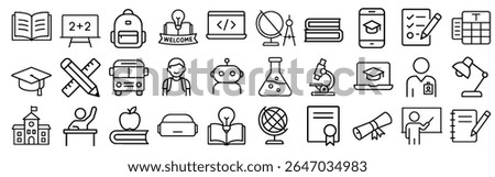 Educational Outline Icon Collection. Containing Books, Online Learning, Teachers, Science, Students, and More. Editable Stroke Icon Set.