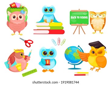 Educational owls set. Cute cartoon smart birds with schoolbag, blackboard, stack of books, graduation cap. Vector illustrations for back to school, studying, education concept