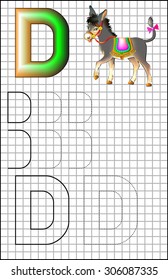 Educational page with alphabet letter D on a square paper. Developing skills for writing and drawing. Vector image.