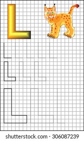 Educational page with alphabet letter L on a square paper. Developing skills for writing and drawing. Vector image.