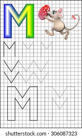 Educational page with alphabet letter M on a square paper. Developing skills for writing and drawing. Vector image.