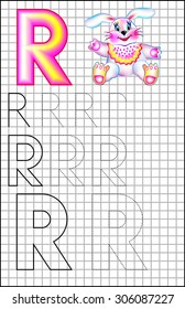 Educational page with alphabet letter R on a square paper. Developing skills for writing and drawing. Vector image.