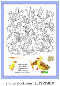 Educational page for children. Can you help duck mom find and color 10 ducklings hidden in the picture? Coloring book. I spy puzzle. Logic game for kids. Counting and drawing skills. Vector image.