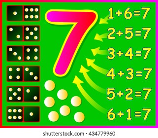 Educational page for children with compositions of number 7. Developing skills for counting. Vector image. 