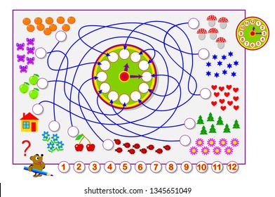 Educational page for children. Count the quantity of objects, draw numbers in circles and on the clock. Printable worksheet for kids. Worksheet for baby book. Developing counting skills. Vector image.