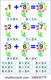 Educational page for children with exercises. Developing skills for counting. Vector image.