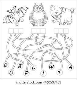 Educational page for children with exercises for study English words. Need to draw the lines and write the letters in relevant squares, after paint the animals. Vector image.