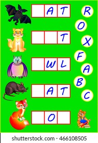 Educational page for children with exercises for study English. Need to find missing letters  and write them in empty squares. Developing skills for writing and reading. Vector image.