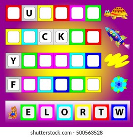 Educational page for children with exercises for study English. Need to find missing letters  and write them in relevant places. Developing skills for writing and reading. Vector image.