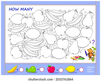 Educational page for children. Find fruits, paint them, count the quantity and write the numbers. Worksheet for mathematics school textbook. Coloring book. Kids activity sheet. Logic puzzle game.