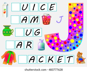 Educational page for children with letter J for study English. Need to write the letters in the empty squares. Developing skills for writing and reading. Vector image.