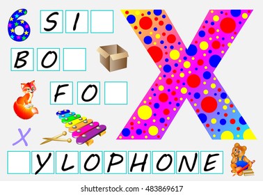 Educational page for children with letter X for study English. Need to write the letters in the empty squares. Developing skills for writing and reading. Vector image.