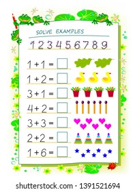 Página educativa para niños libro de matemáticas con ejercicios en adición. Necesidad de resolver ejemplos y escribir números en cuadrados. Hoja de trabajo imprimible para libros de texto para niños. Regreso a la escuela. Imagen de dibujos animados de Vector.