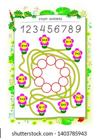 Educational page for children math book with exercises on addition and subtraction. Need to solve examples and write numbers in circles. Printable worksheet for kids textbook. Back to school.