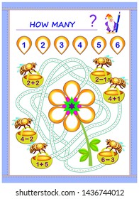 Educational page for children math book with exercises on addition and subtraction. Need to solve examples and write numbers on flower petals. Printable worksheet for kids textbook. Back to school.