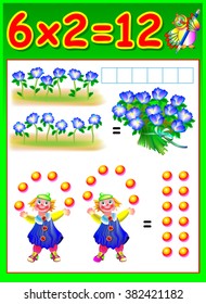 Educational page for children with multiplication table. Developing skills for counting and multiplication. Vector image.