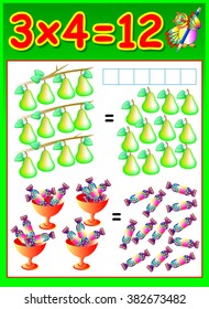 Educational page for children with multiplication table. Developing skills for counting and multiplication. Vector image.