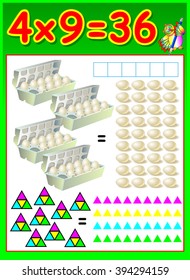 Educational page for children with multiplication table. Developing skills for counting and multiplication. Vector image.