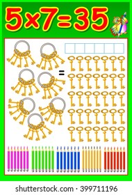 Educational page for children with multiplication table. Developing skills for counting and multiplication. Vector image.