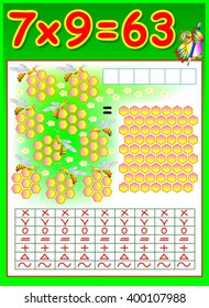 Educational page for children with multiplication table. Developing skills for counting and multiplication. Vector image.