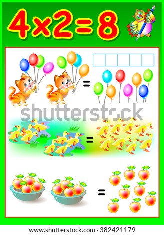 Educational page for children with multiplication table. Developing skills for counting and multiplication. Vector image.