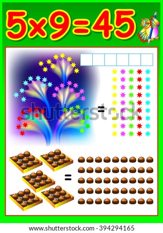 Educational page for children with multiplication table. Developing skills for counting and multiplication. Vector image.