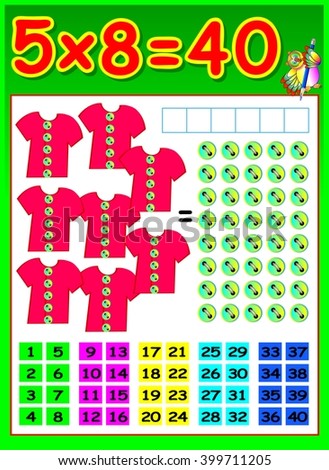 Educational page for children with multiplication table. Developing skills for counting and multiplication. Vector image.