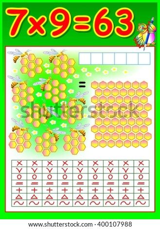 Educational page for children with multiplication table. Developing skills for counting and multiplication. Vector image.