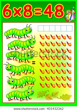 Educational page for children with multiplication table. Developing skills for counting and multiplication. Vector image.