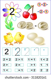 Educational page for children with number 2. Printable page for kids textbook. Online math education. Vector illustration.