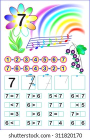 Educational page for children with number 7. Vector image. 