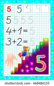 Educational page for children with number five. Developing skills for counting and writing. Vector image.