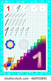 Educational page for children with number one. Developing skills for counting and writing. Vector image.