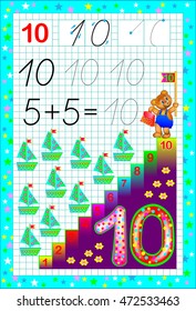 Educational page for children with number ten. Developing skills for counting and writing. Vector image.