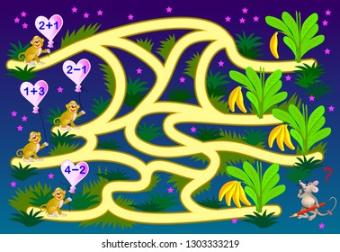 Educational page for children on addition and subtraction.  Solve examples, count the quantity of bananas and draw the way from monkeys till trees. Printable mathematical worksheet for kids.