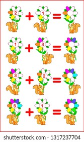 Educational page for children on addition. Solve examples, count the quantity and write numbers. Worksheet for kids textbook. Back to school. Vector cartoon image.