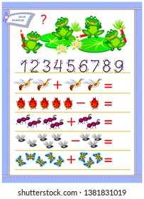 Educational page for children on addition and subtraction. Solve examples, count the quantity  and write numbers. Printable worksheet for kids textbook. Back to school. Vector cartoon image.