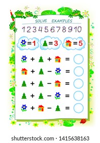 Educational page for children on addition and subtraction. Solve examples and write numbers in circles. Printable worksheet for kids textbook. Back to school. Vector cartoon image.