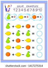 Educational page for children on addition and subtraction. Solve examples and write numbers in circles. Printable worksheet for kids textbook. Back to school. Vector cartoon image.