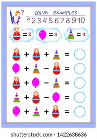 Educational page for children on addition and subtraction. Solve examples and write numbers in circles. Printable worksheet for kids textbook. Back to school. Vector cartoon image.