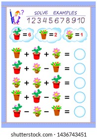 Educational page for children on addition and subtraction. Solve examples and write numbers in circles. Printable worksheet for kids textbook. Back to school. Vector cartoon image.