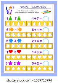 Educational page for children on addition. Solve examples, write the answers in circles and color corresponding number of objects. Printable worksheet for kids mathematics school textbook. IQ test.