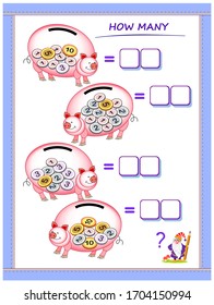 Educational Page For Children On Addition. Count How Much Money There Are In Each Piggy Bank. Count The Sum And Write The Numbers. Printable Worksheet For Kids Math School Textbook. Exercise Book.